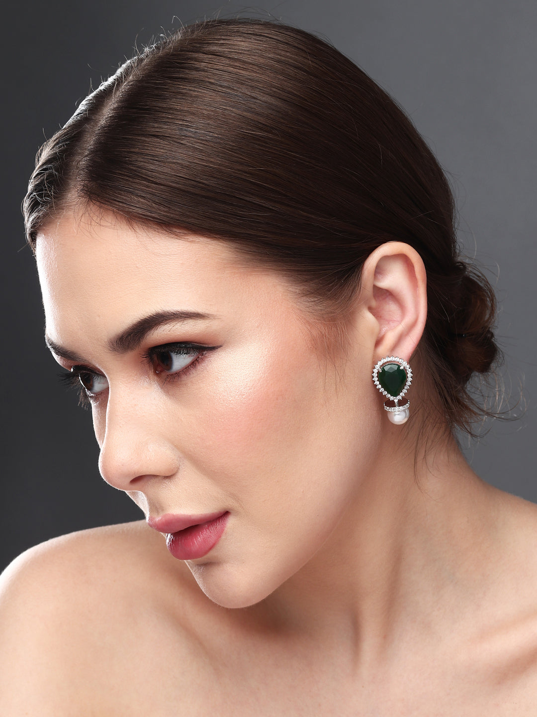 Rhodium-Plated Pear-Shaped CZ Stud Earrings Green