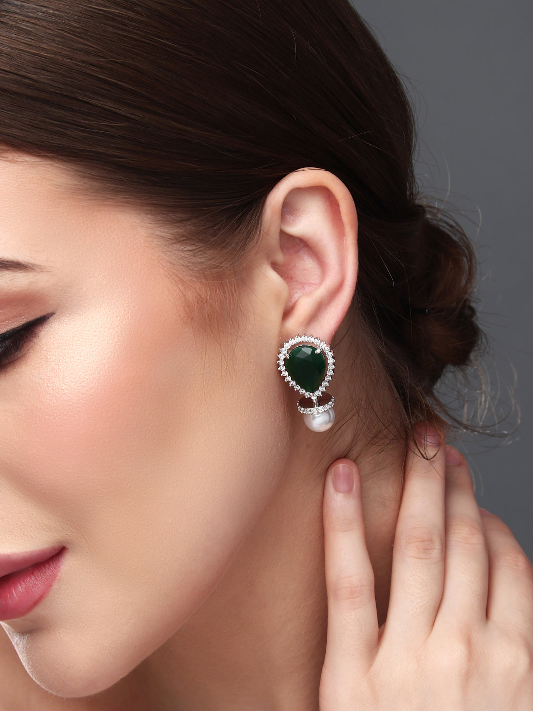 Rhodium-Plated Pear-Shaped CZ Stud Earrings Green