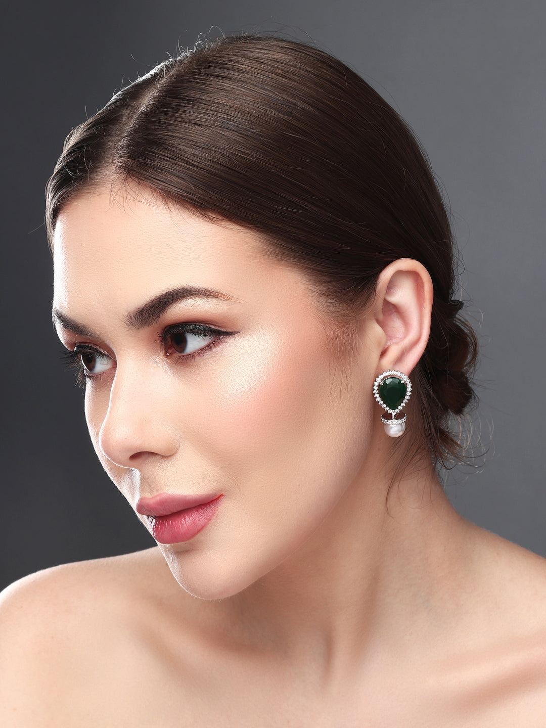 Rhodium-Plated Pear-Shaped CZ Stud Earrings Green
