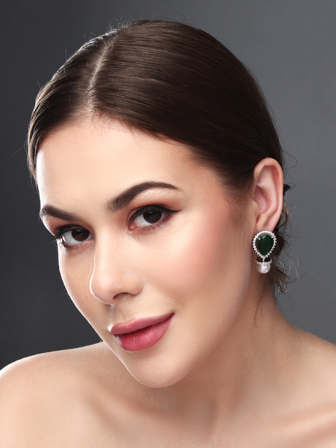 Rhodium-Plated Pear-Shaped CZ Stud Earrings Green