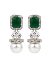 Rhodium Plated Square CZ stone Studs Earring Green