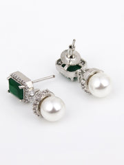 Rhodium Plated Square CZ stone Studs Earring Green