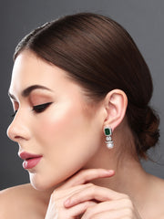 Rhodium Plated Square CZ stone Studs Earring Green
