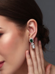 Rhodium Plated Square CZ stone Studs Earring Green