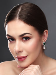 Rhodium Plated Square CZ stone Studs Earring Green