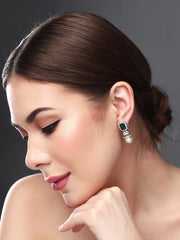 Rhodium Plated Square CZ stone Studs Earring Green