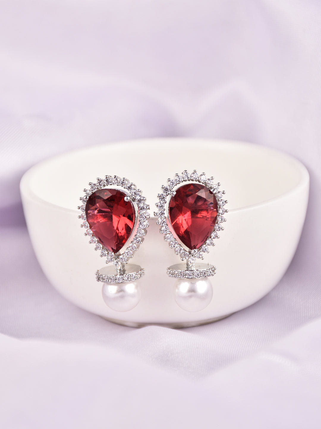 Rhodium-Plated Pear-Shaped CZ Stud Earrings Red