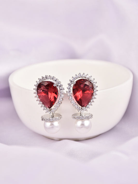 Rhodium-Plated Pear-Shaped CZ Stud Earrings Red