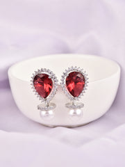 Rhodium-Plated Pear-Shaped CZ Stud Earrings Red