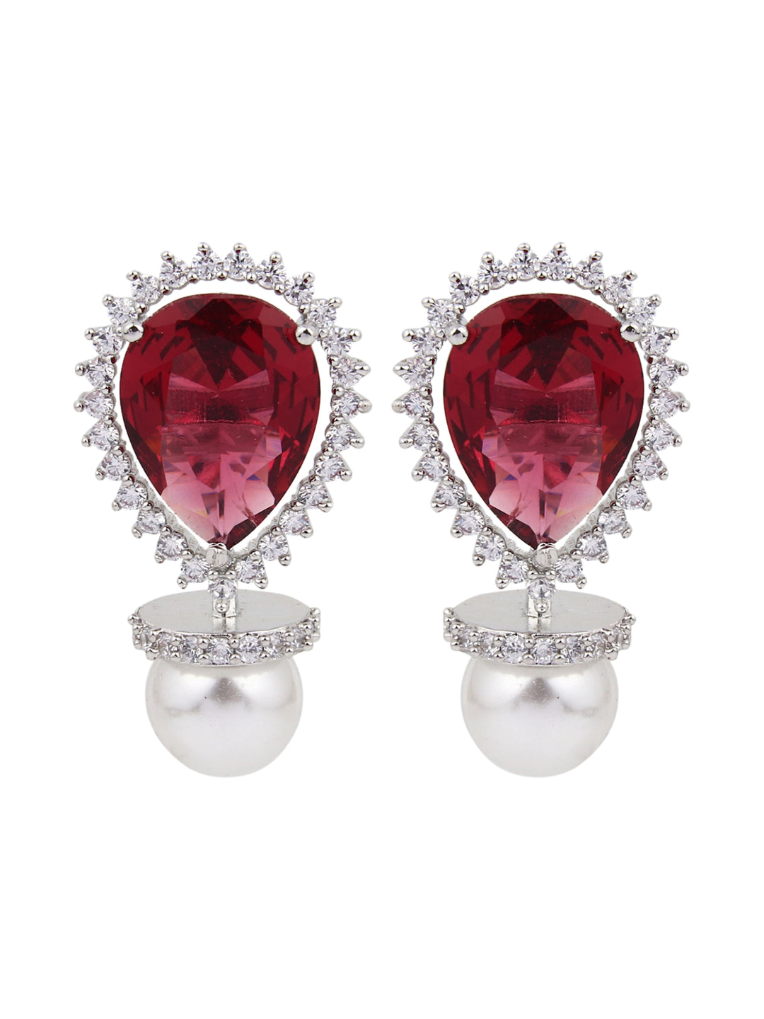 Rhodium-Plated Pear-Shaped CZ Stud Earrings Red