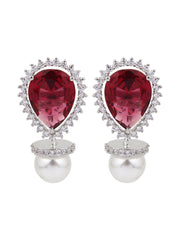 Rhodium-Plated Pear-Shaped CZ Stud Earrings Red