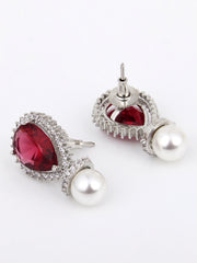 Rhodium-Plated Pear-Shaped CZ Stud Earrings Red