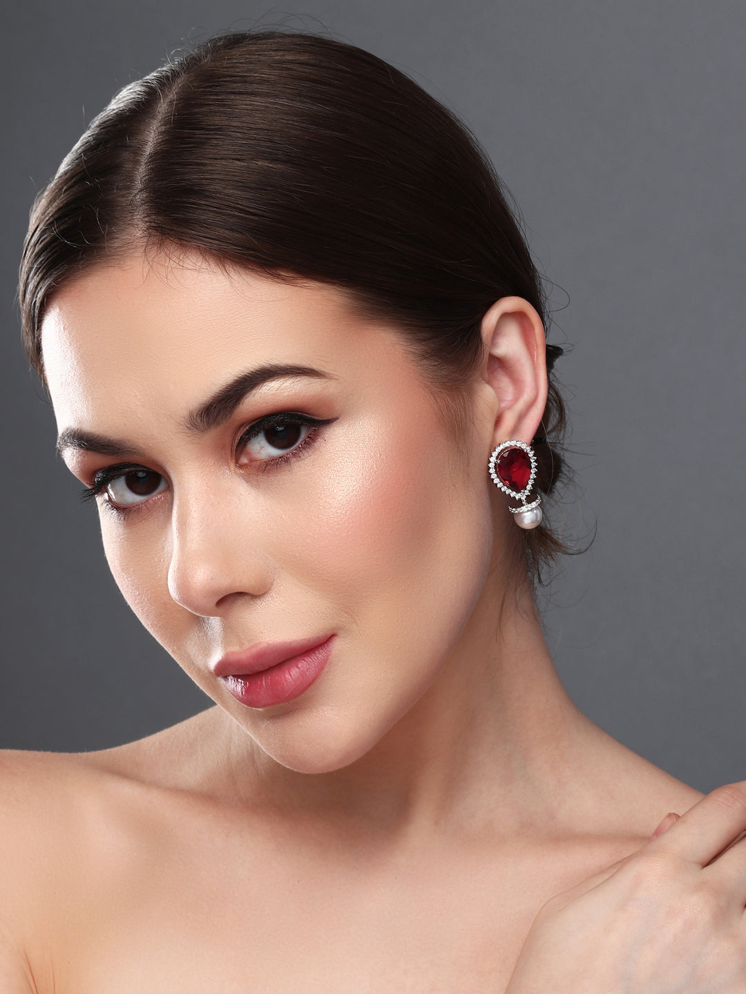 Rhodium-Plated Pear-Shaped CZ Stud Earrings Red