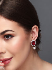 Rhodium-Plated Pear-Shaped CZ Stud Earrings Red