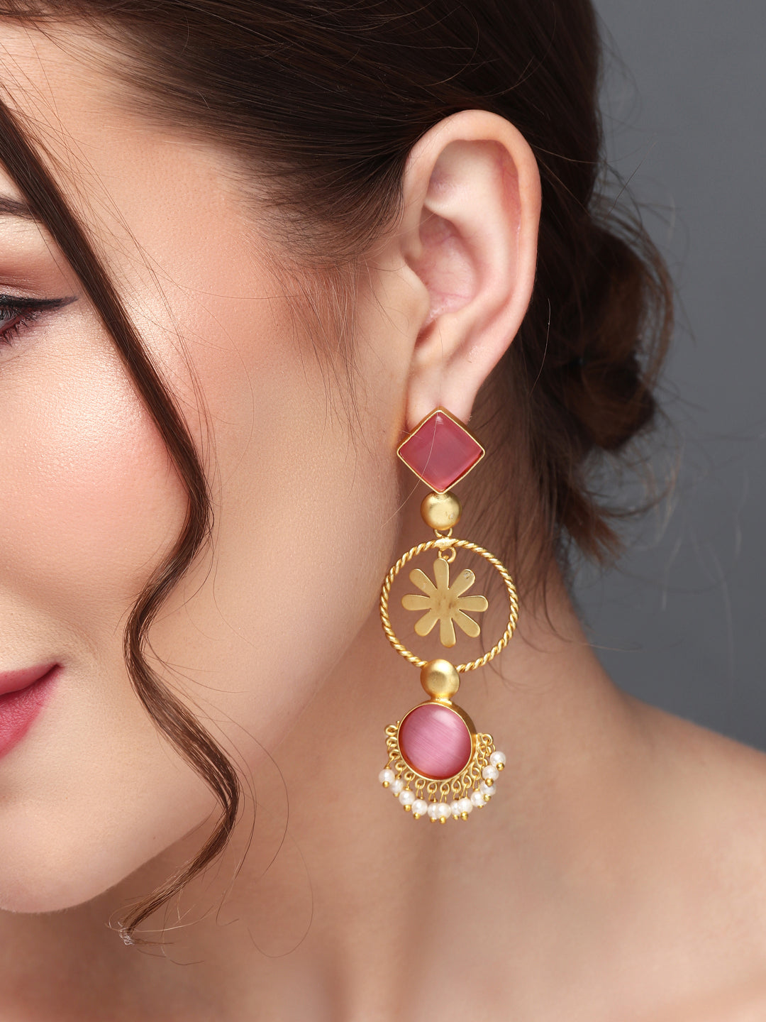 Gold-Plated Three-Tier Geometric Drop Earrings