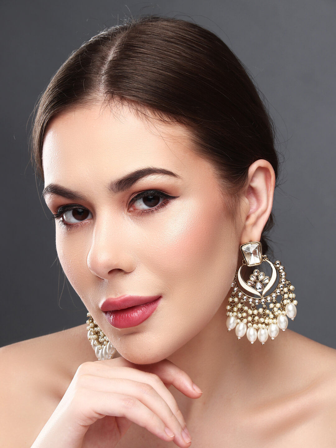 Gold plated kundan & Meenakari Chandbali Earring White