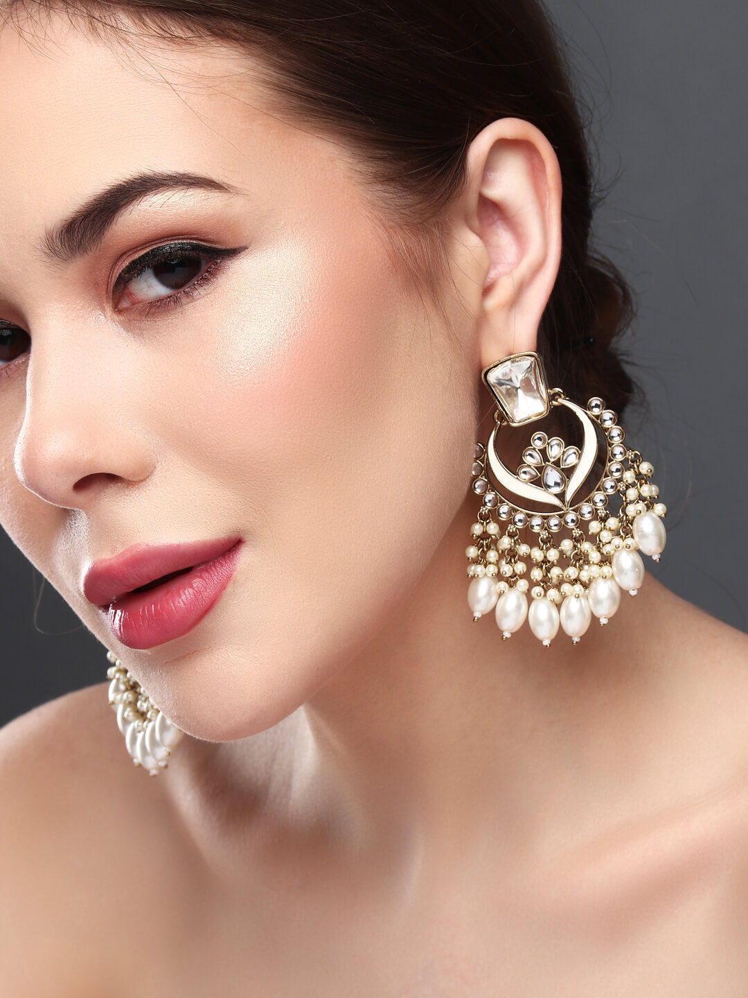 Gold plated kundan & Meenakari Chandbali Earring White