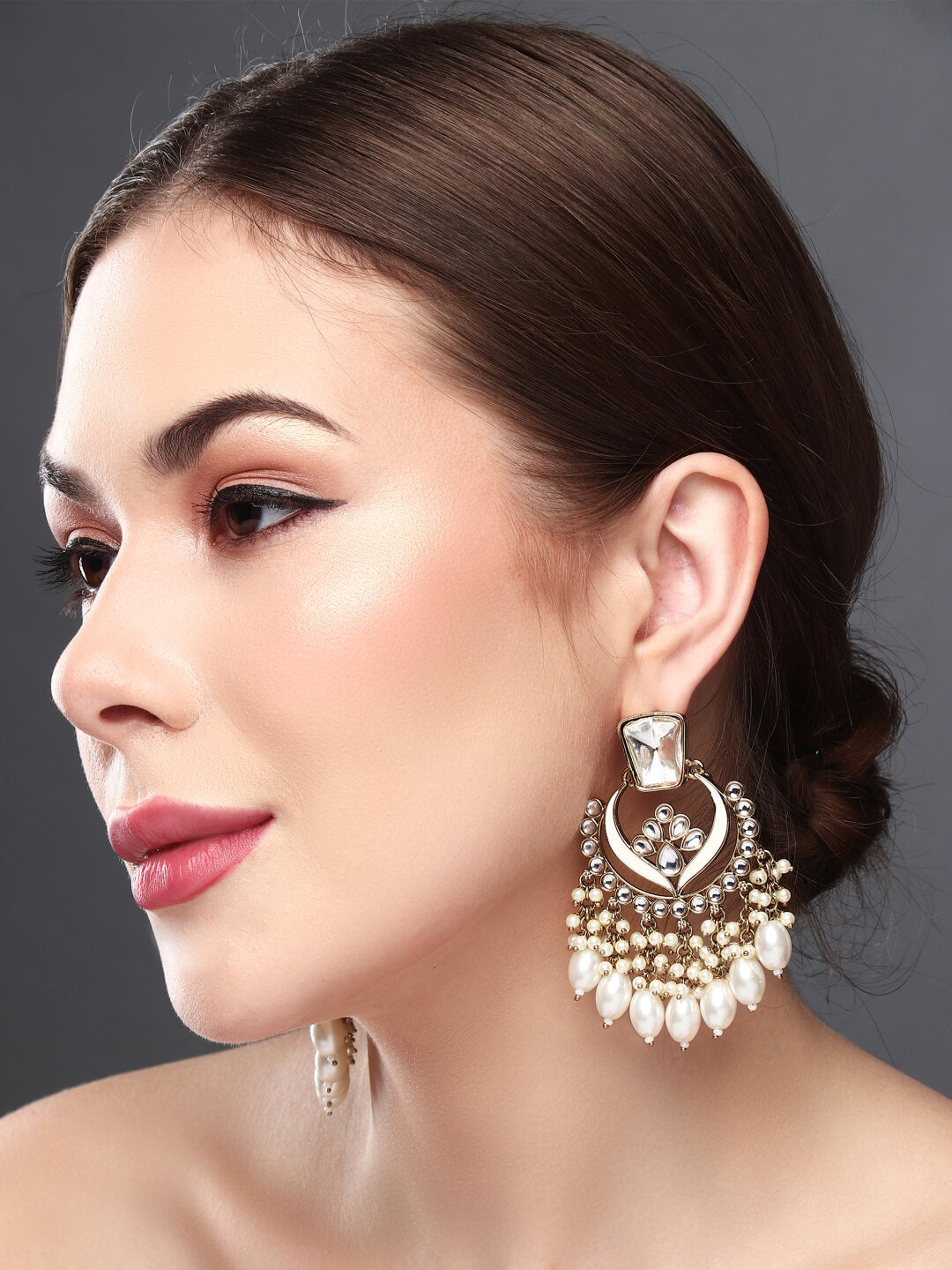 Gold plated kundan & Meenakari Chandbali Earring White