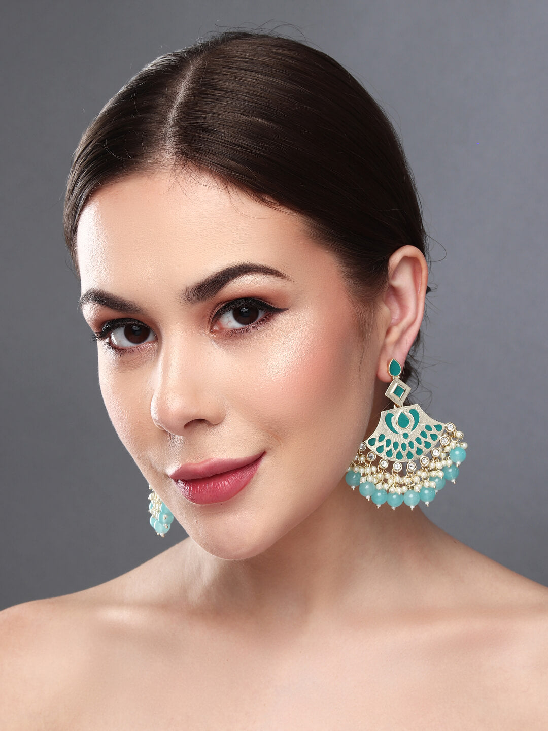 Gold plated kundan & Meenakari Chandbali Earring Blue