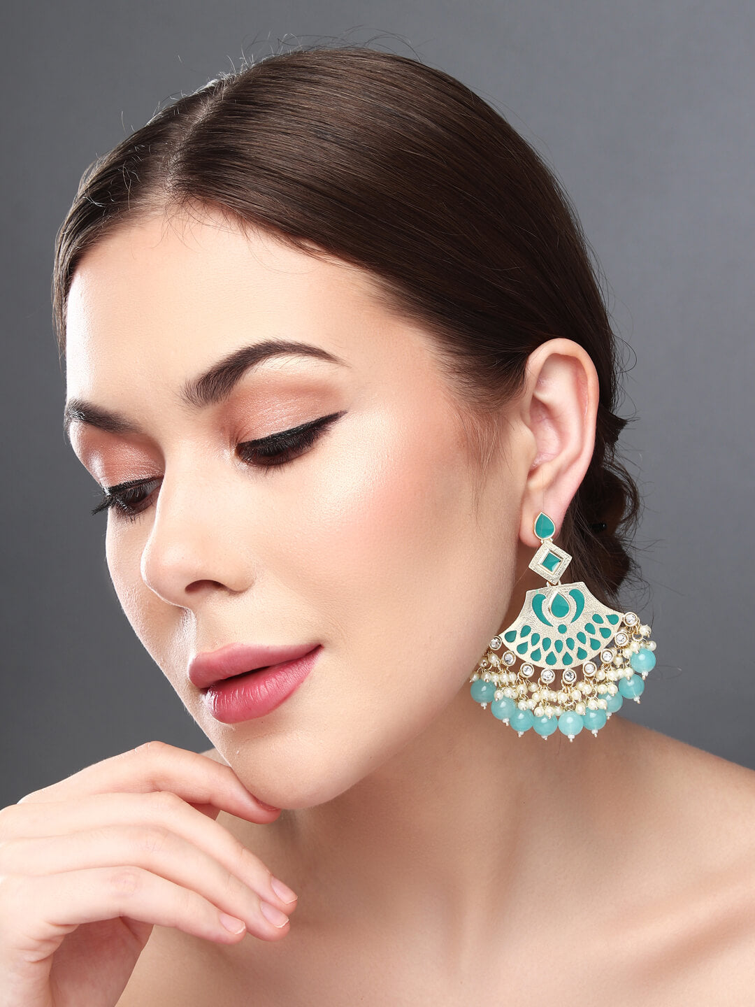 Gold plated kundan & Meenakari Chandbali Earring Blue