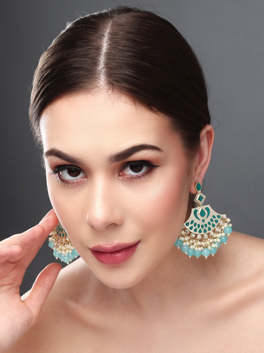 Gold plated kundan & Meenakari Chandbali Earring Blue