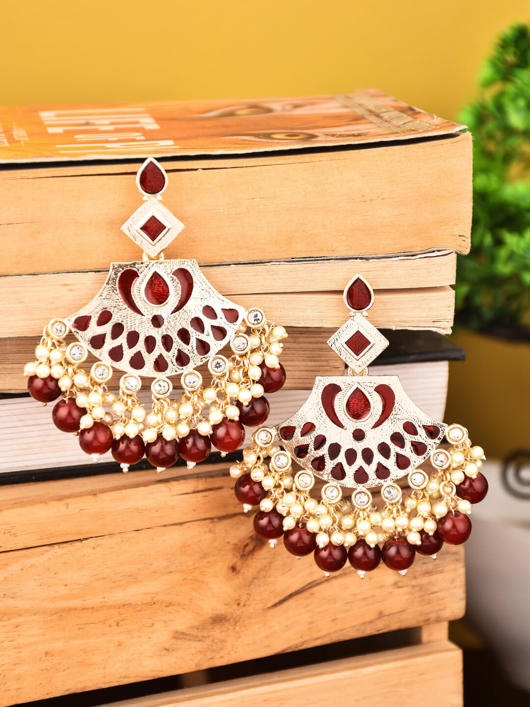 Gold plated kundan & Meenakari Chandbali Earring Red
