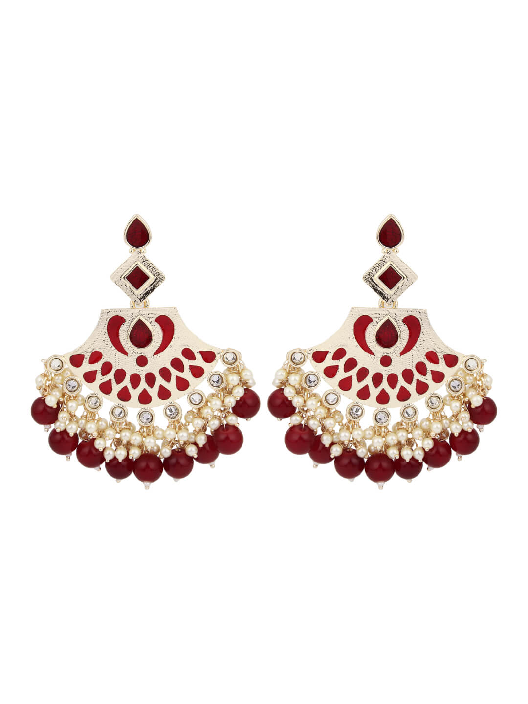 Gold plated kundan & Meenakari Chandbali Earring Red