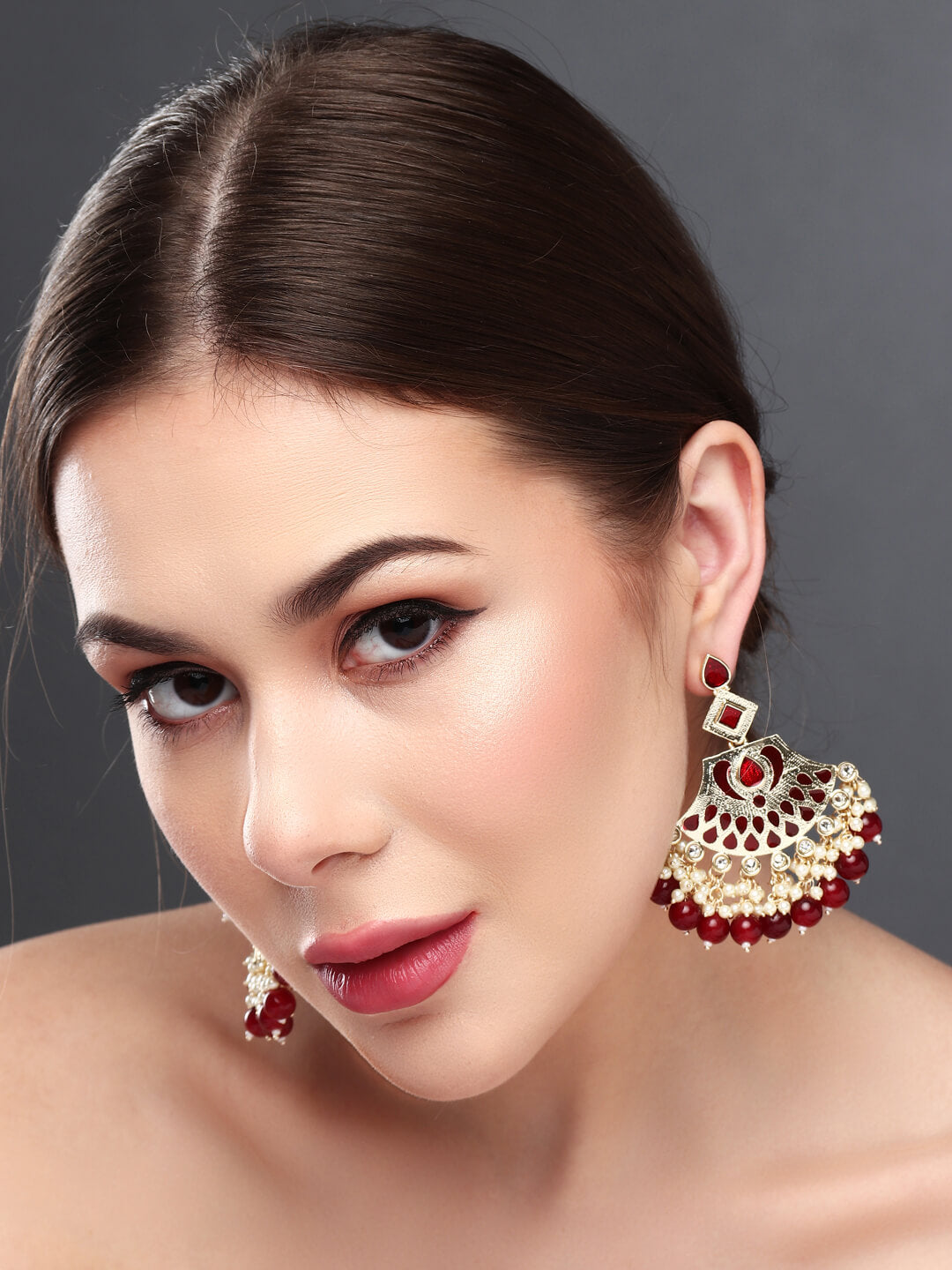 Gold plated kundan & Meenakari Chandbali Earring Red