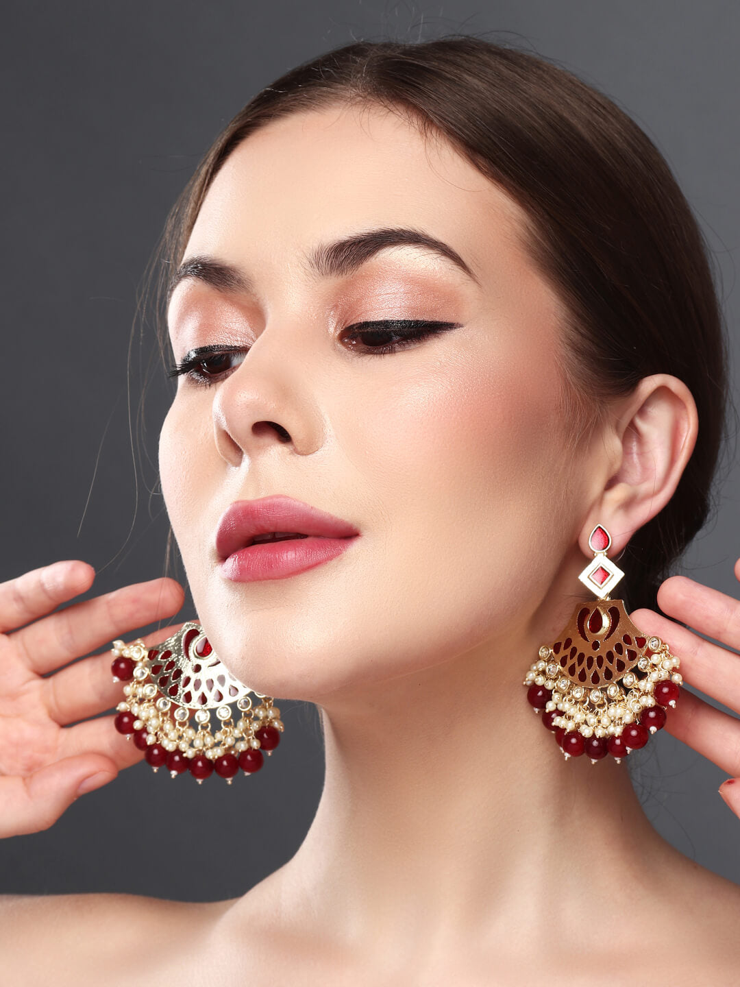 Gold plated kundan & Meenakari Chandbali Earring Red