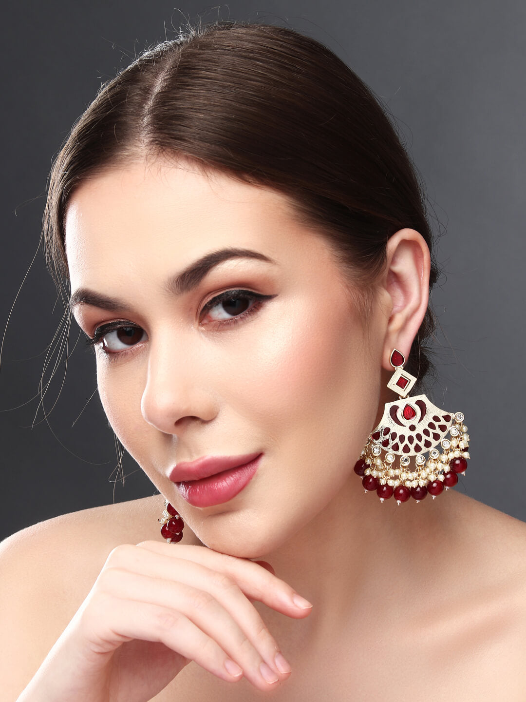 Gold plated kundan & Meenakari Chandbali Earring Red