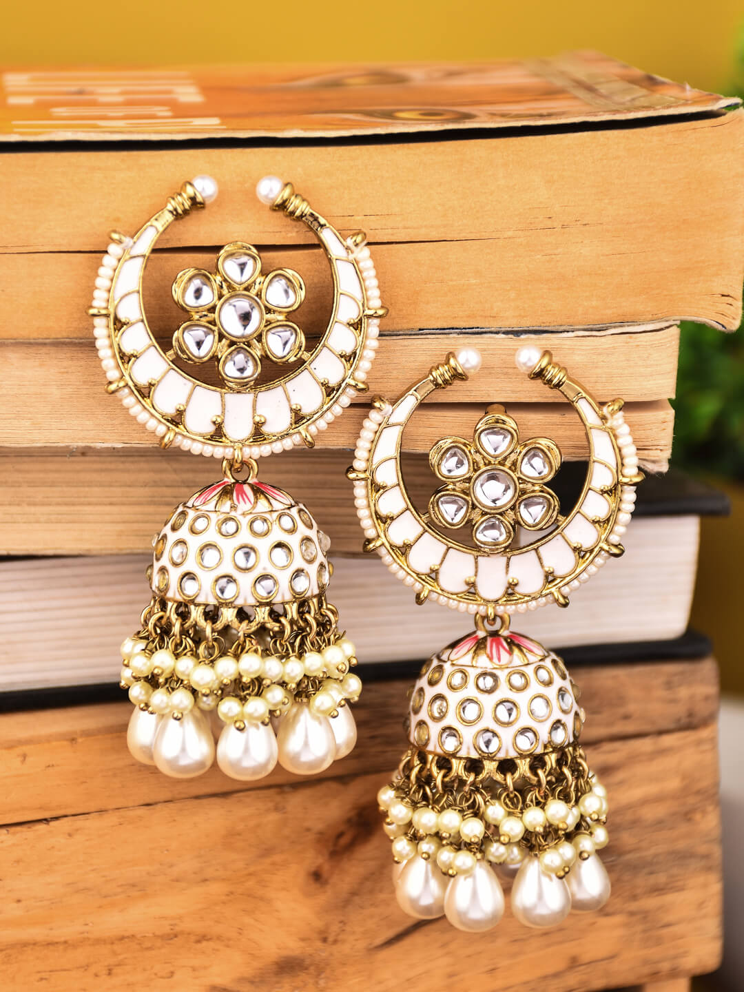 Gold plated kundan & Meenakari Jhumka Earring Pink