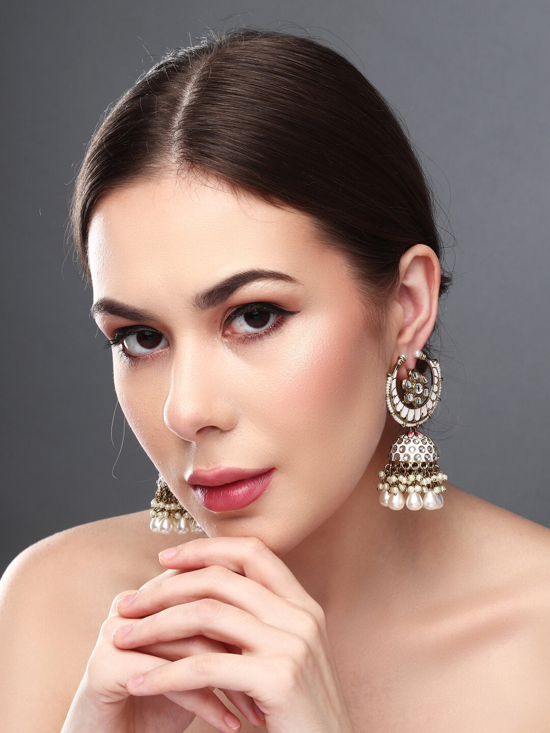 Gold plated kundan & Meenakari Jhumka Earring Pink