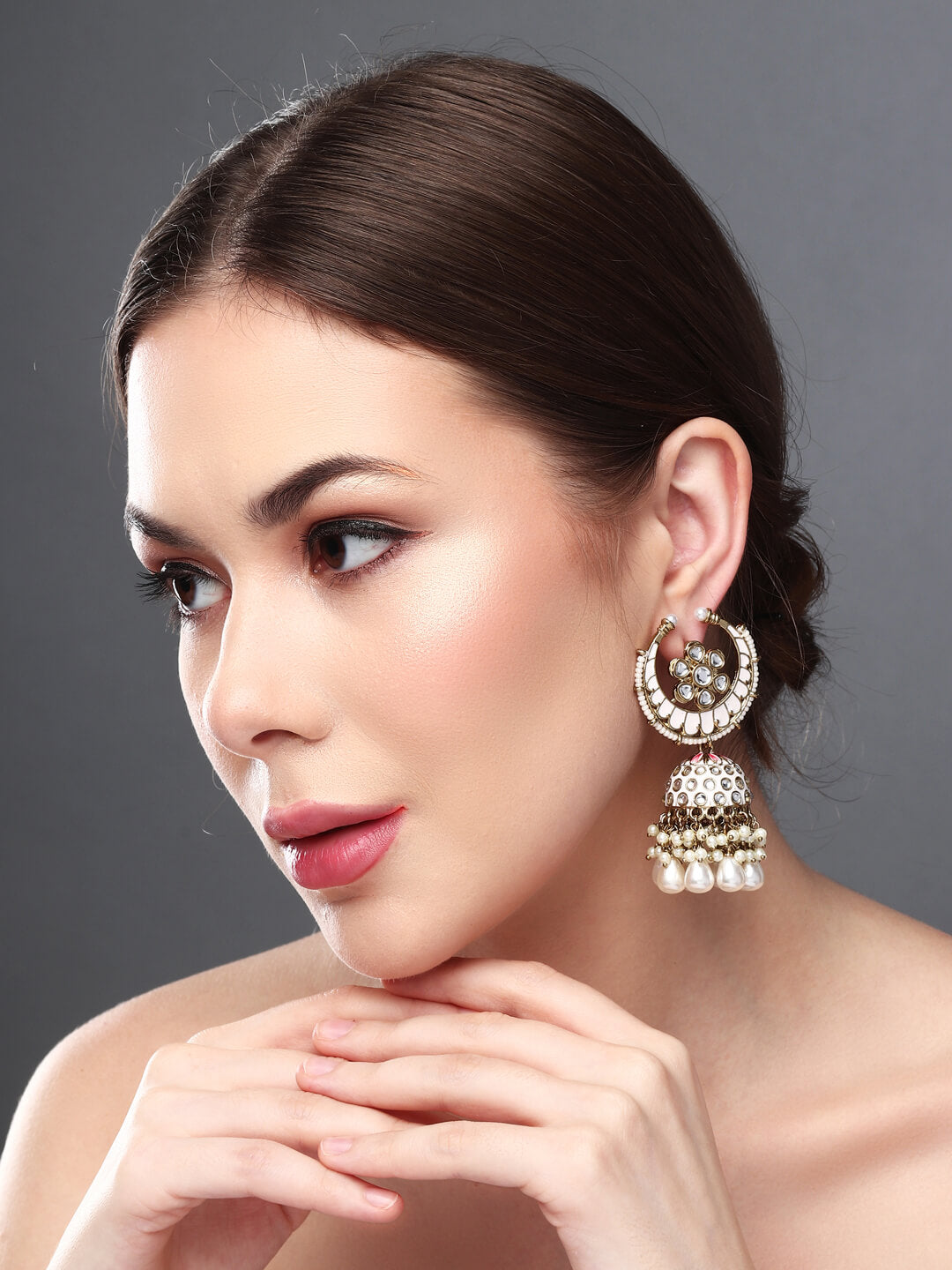 Gold plated kundan & Meenakari Jhumka Earring Pink