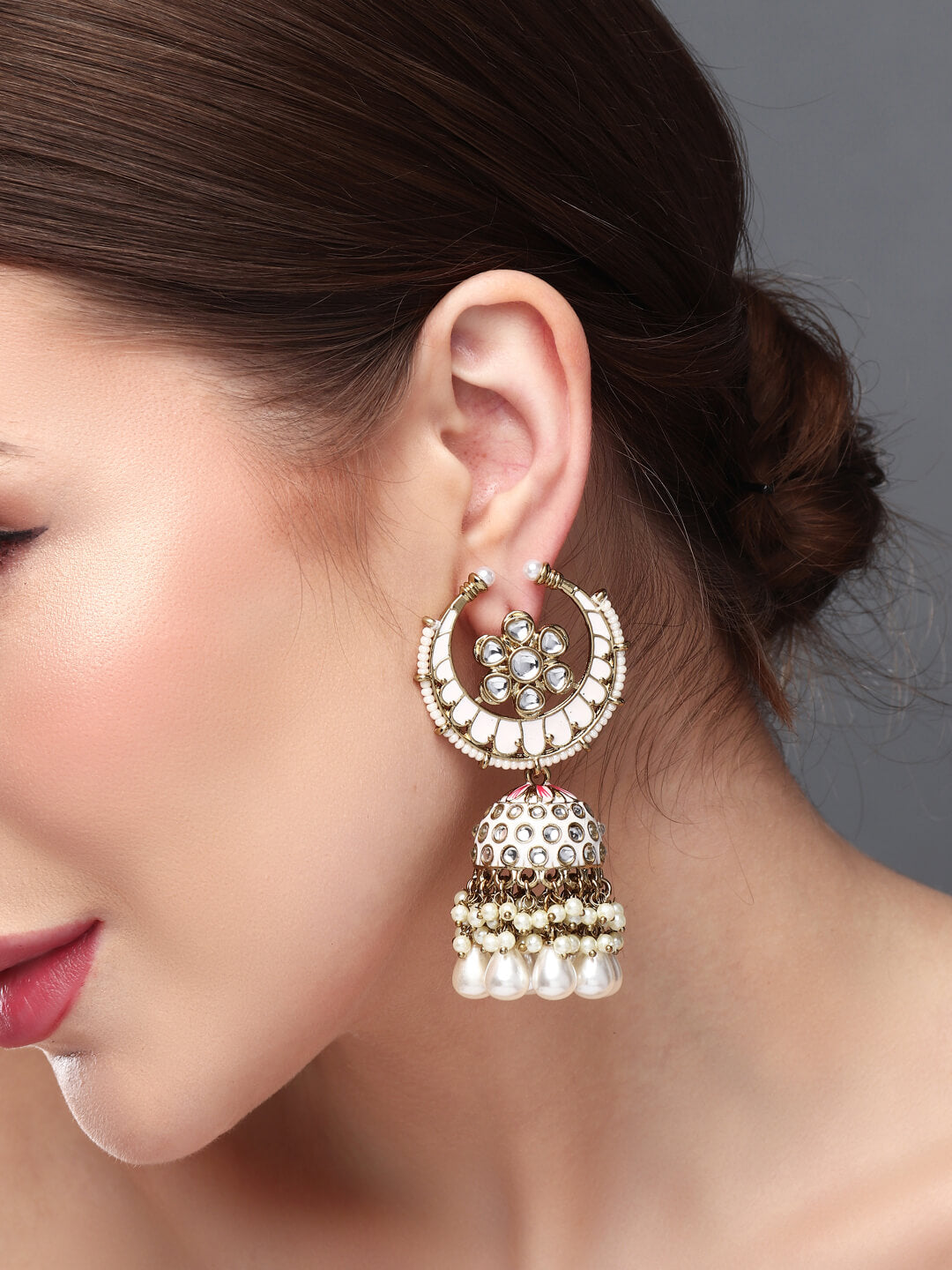 Gold plated kundan & Meenakari Jhumka Earring Pink