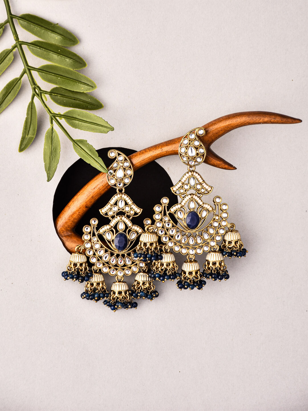 Gold plated kundan & Meenakari Chandbali Earring Blue