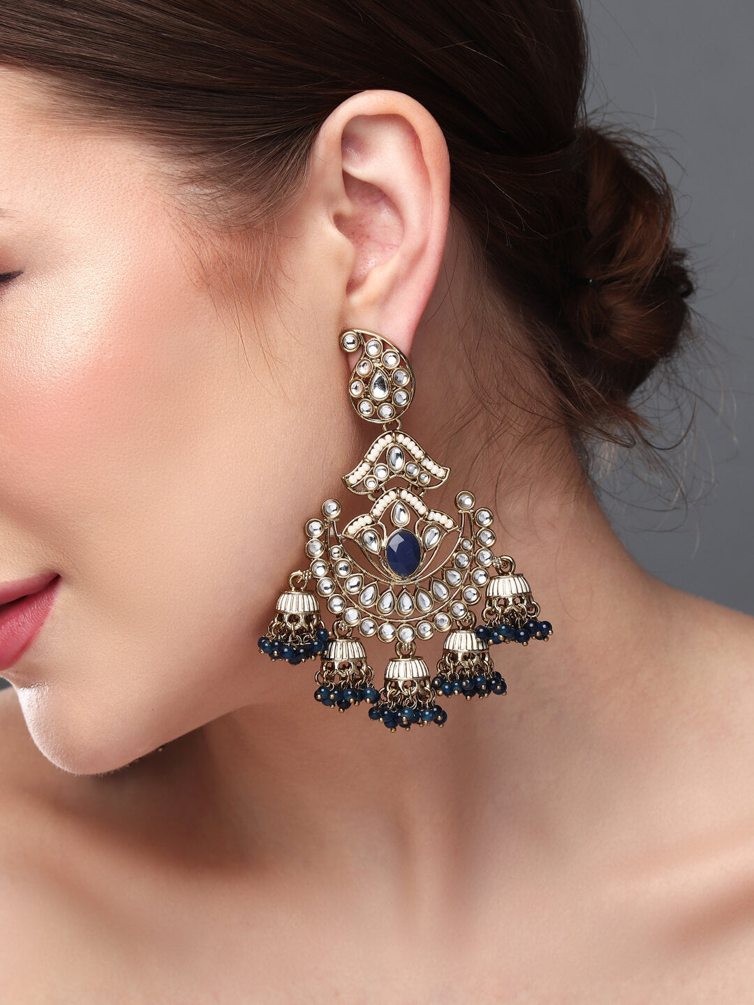 Gold plated kundan & Meenakari Chandbali Earring Blue