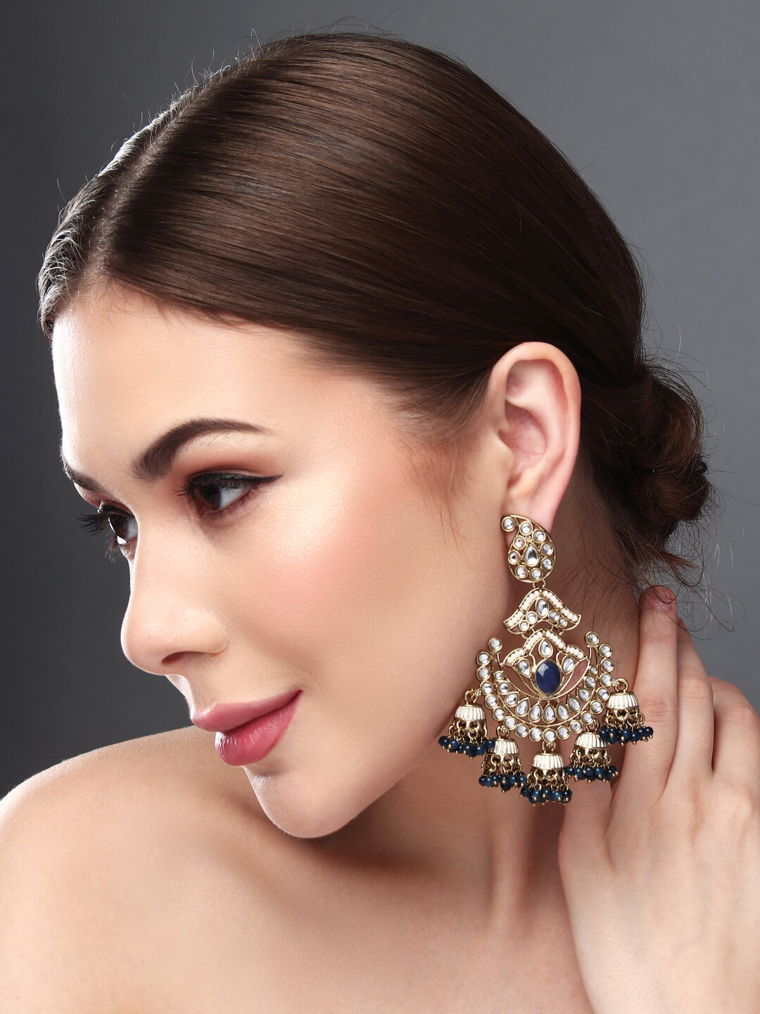 Gold plated kundan & Meenakari Chandbali Earring Blue