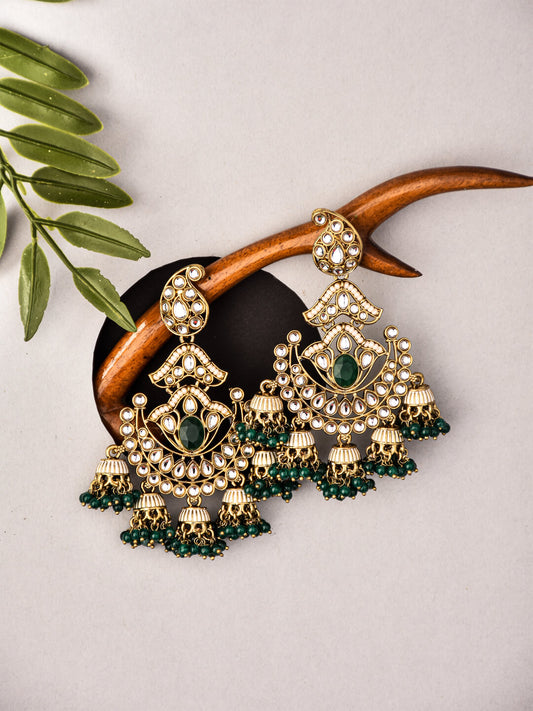 Gold plated kundan & Meenakari Chandbali Earring Green