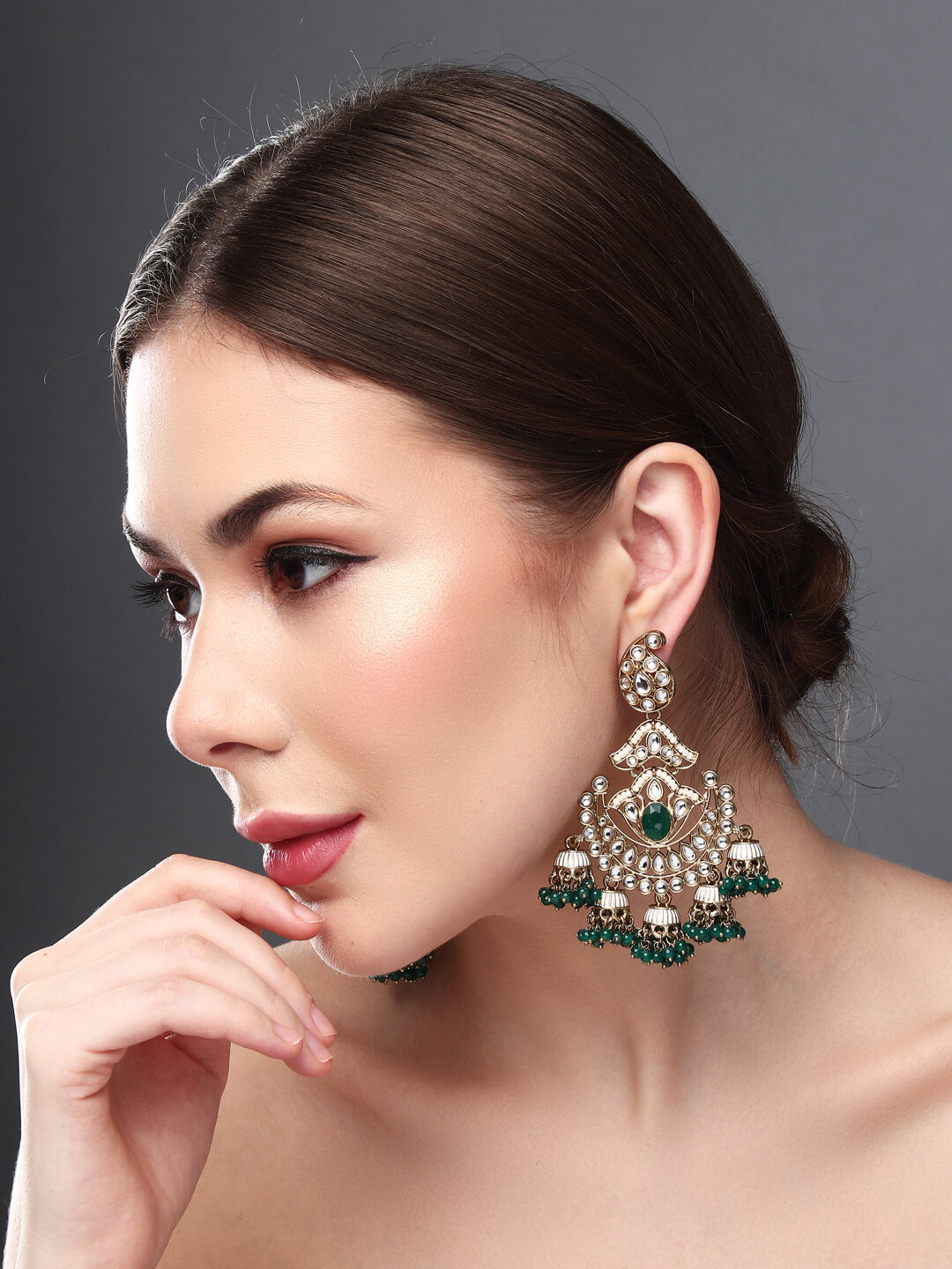 Gold plated kundan & Meenakari Chandbali Earring Green