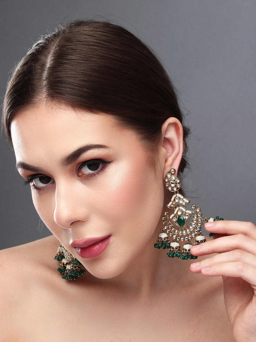 Gold plated kundan & Meenakari Chandbali Earring Green