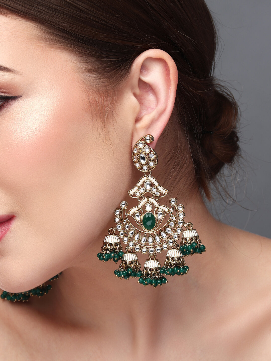 Gold plated kundan & Meenakari Chandbali Earring Green