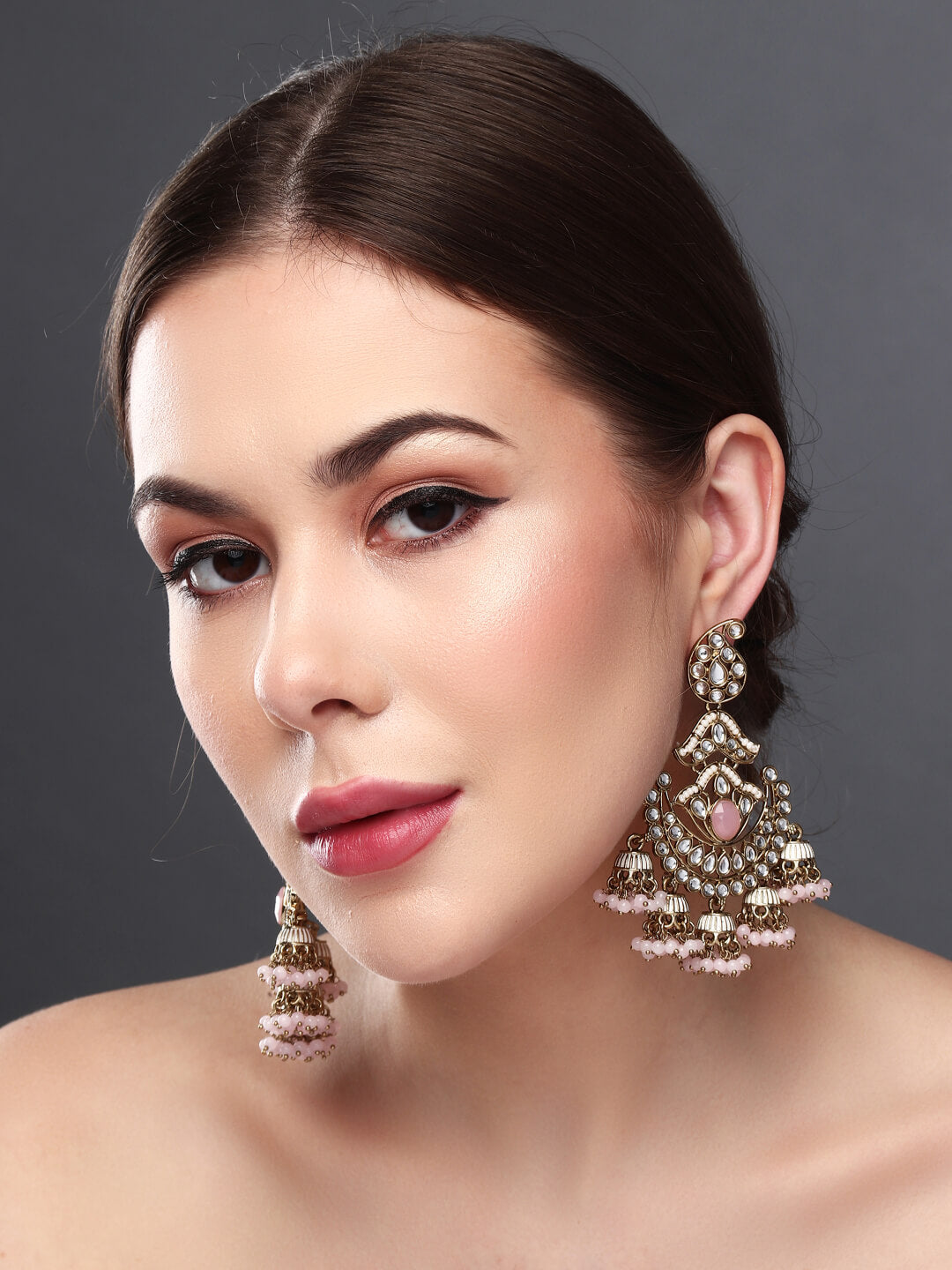 Gold plated kundan & Meenakari Chandbali Earring Pink