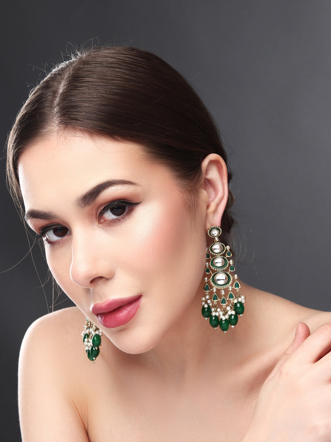 Gold plated kundan & Meenakari Drop Earring Green