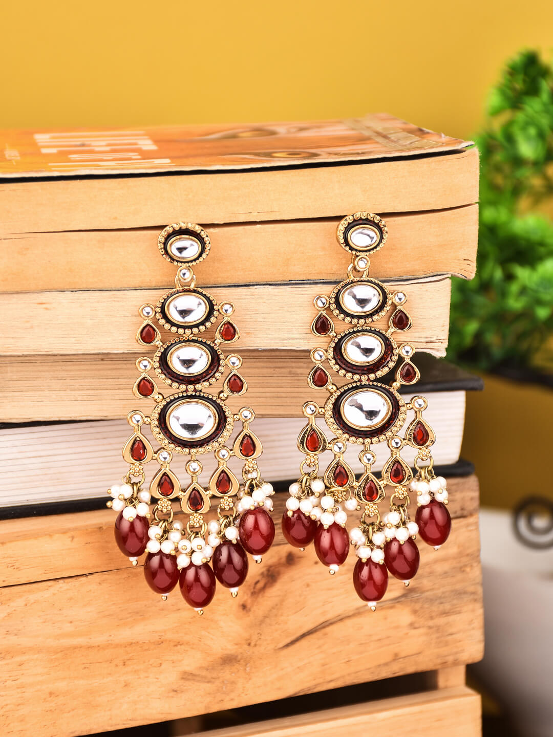 Gold plated kundan & Meenakari Drop Earring Red