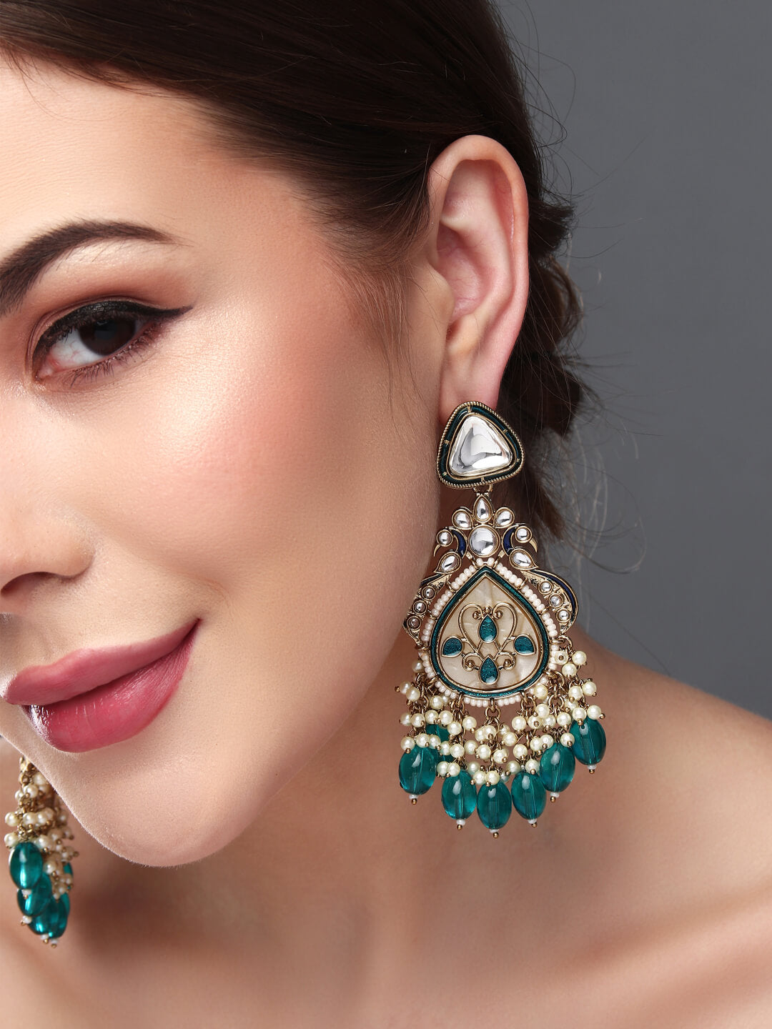 Gold plated kundan & Mother of Pearl Chandbali Blue