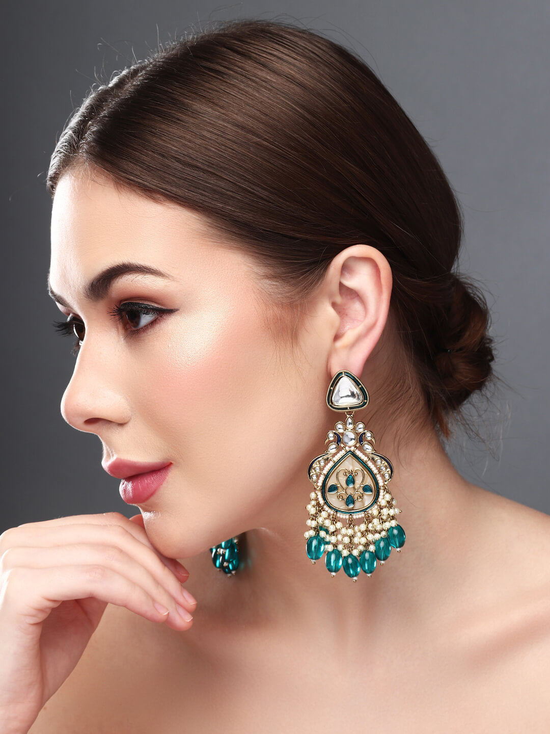 Gold plated kundan & Mother of Pearl Chandbali Blue