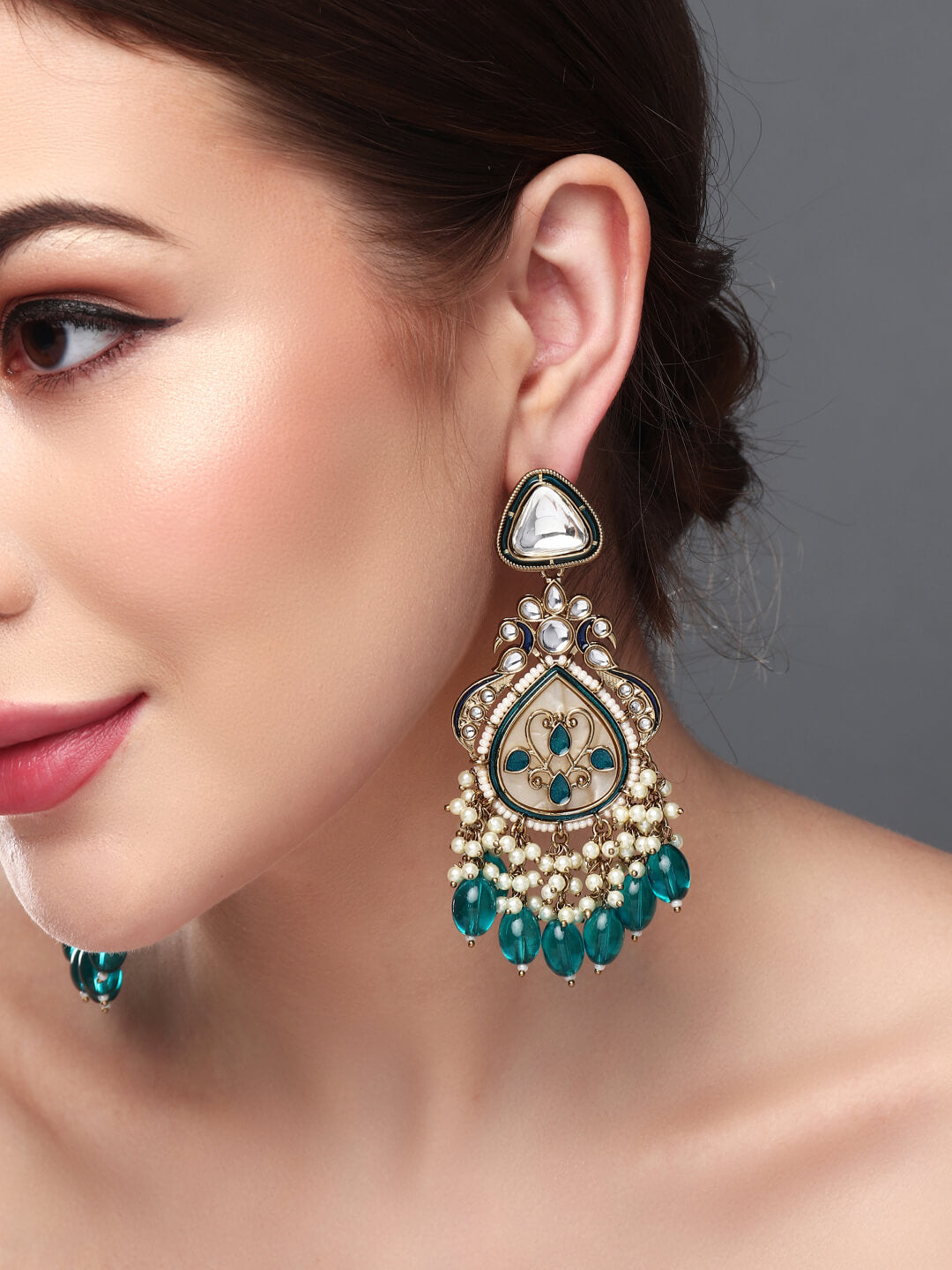 Gold plated kundan & Mother of Pearl Chandbali Blue