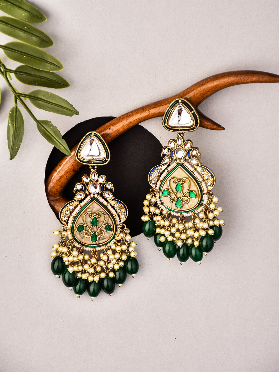Gold plated kundan & Mother of Pearl Chandbali Green