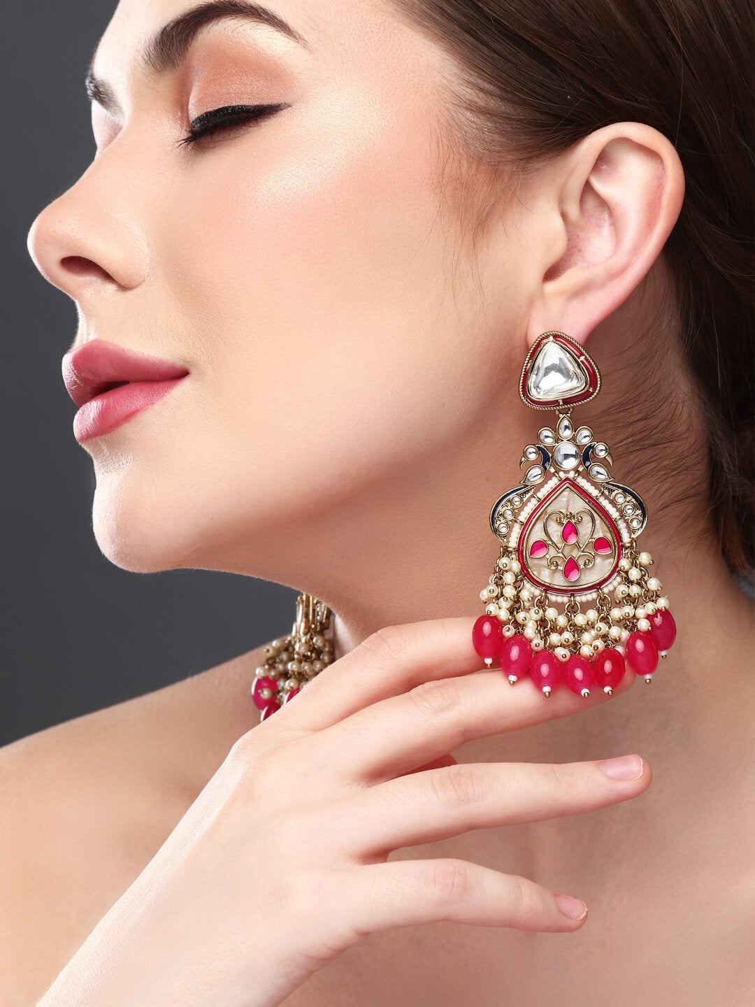 Gold plated kundan & Mother of Pearl Chandbali Red