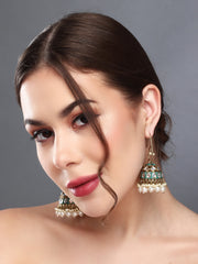Gold plated kundan & Meenakari Jhumka Earring Green